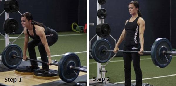 woman showing how to do the deficit deadlift exercise
